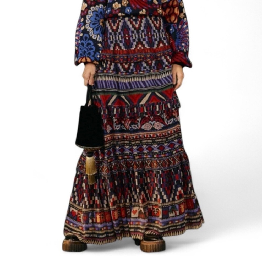 Farm Rio Anika Tapestry‎ Tiered Ruffle Maxi Skirt Multicolor XS Boho Resortwear